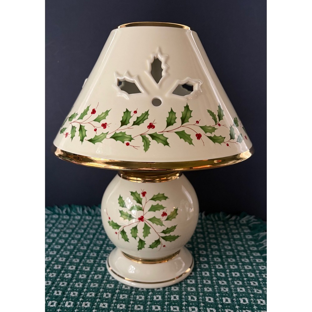 Lenox Holiday Holly Berry Porcelain Candle Lamp Gold Trim Vintage 2 Piece Set